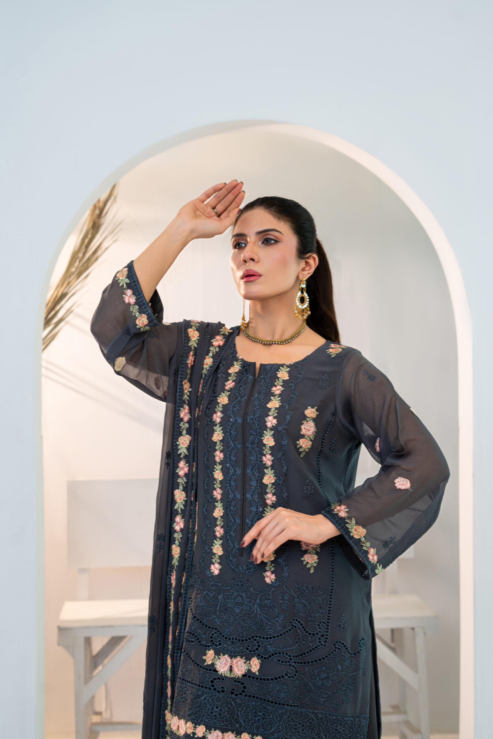 Fluid charcoal grey chiffon, kissed with intricate baby pink embroidery — 3pc . - Image 3