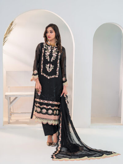 3PC Black Chiffon Embroidery Dress