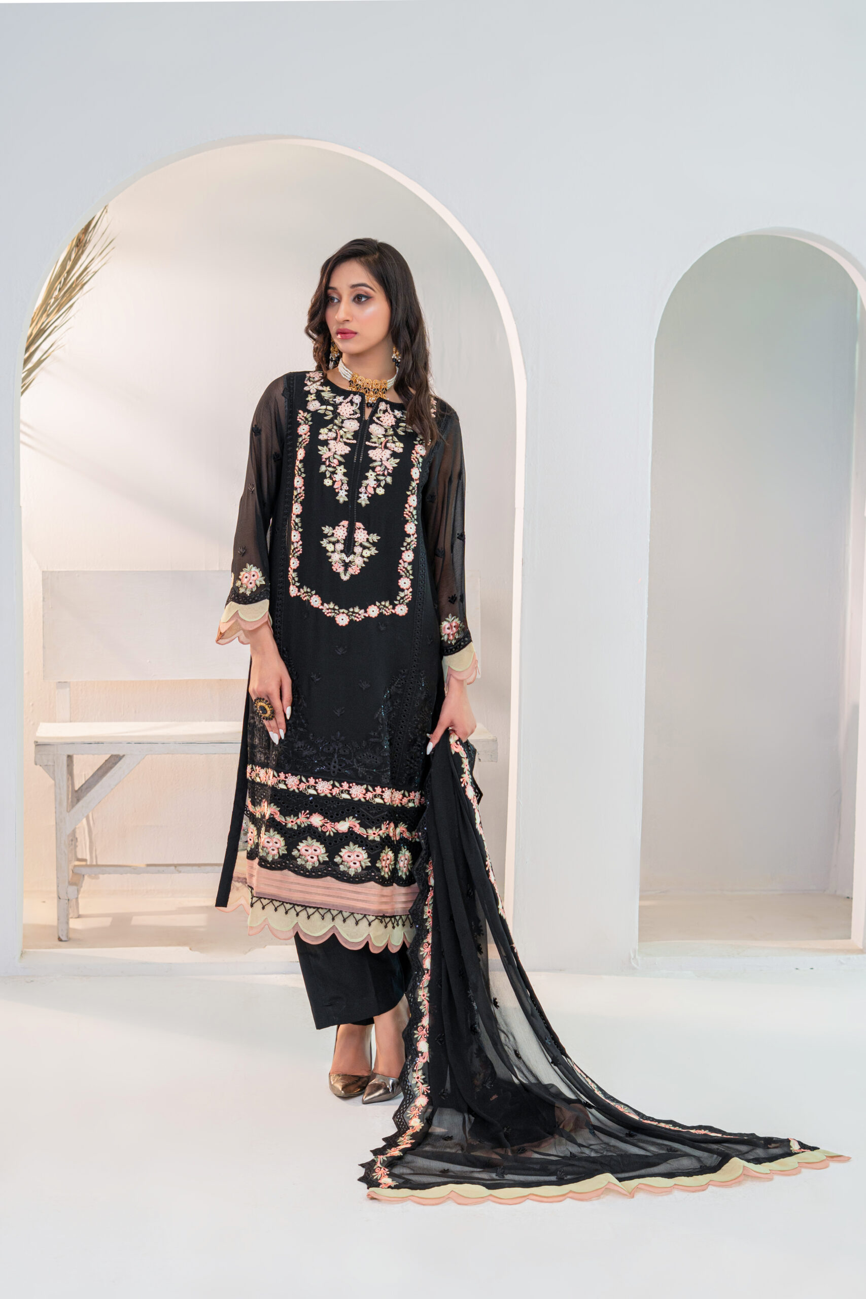 3PC Black Chiffon Embroidery Dress