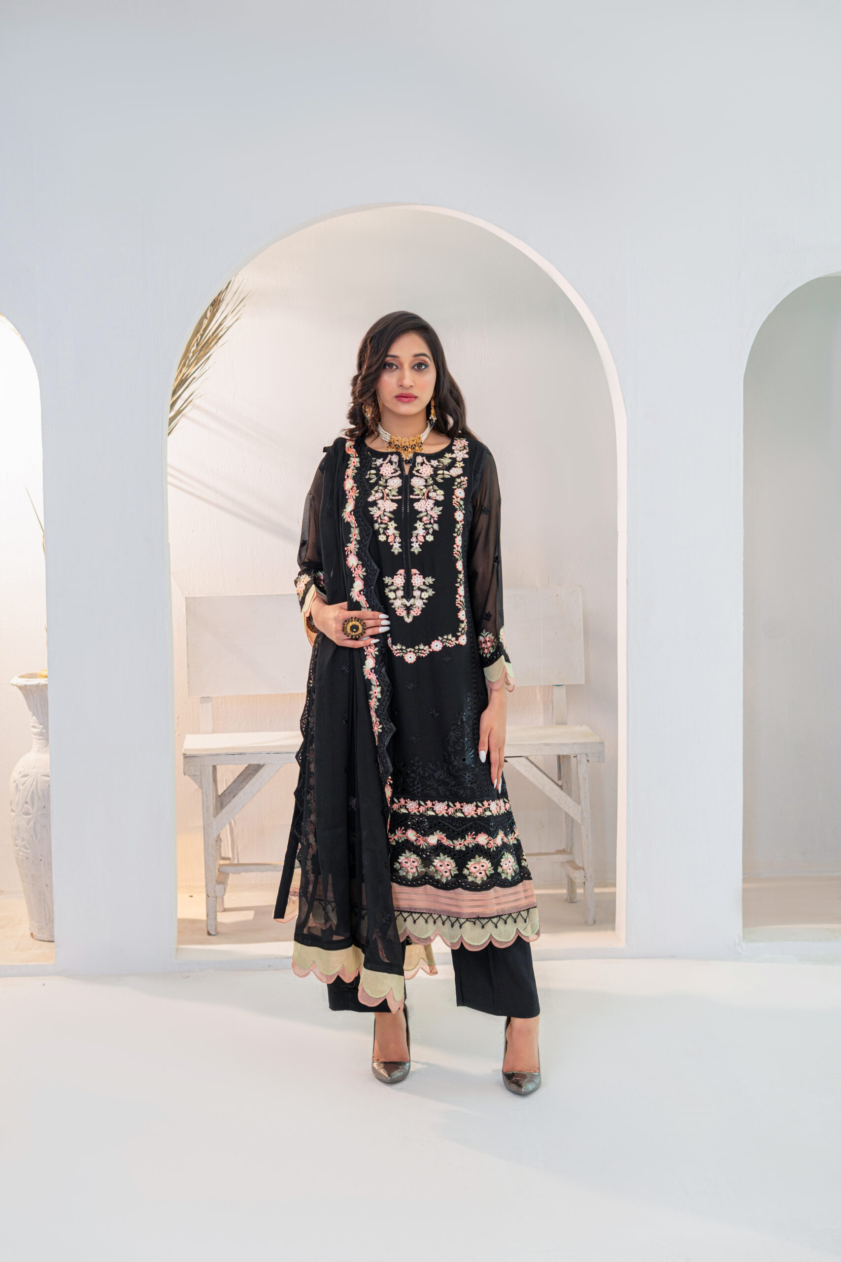 3PC Black Chiffon Embroidery Dress - Image 2