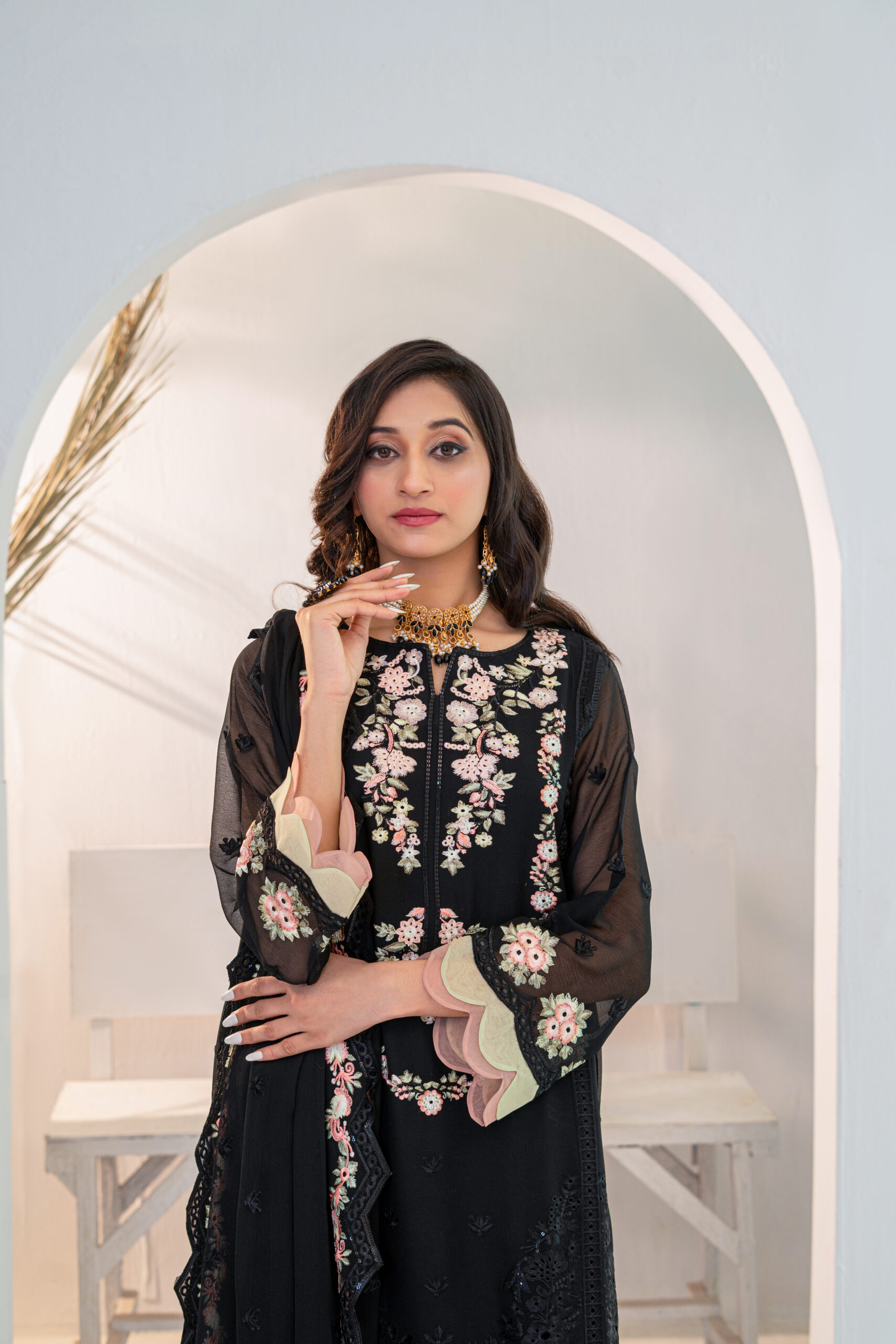 3PC Black Chiffon Embroidery Dress - Image 3